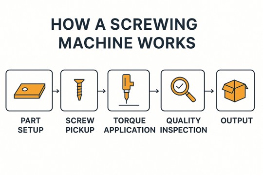 Process flow from part setup to output in an automated screwing system